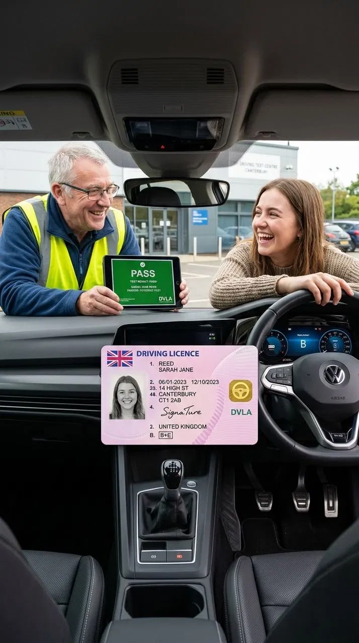 Learner driver celebrating passing UK practical driving test with DVSA examiner at test centre