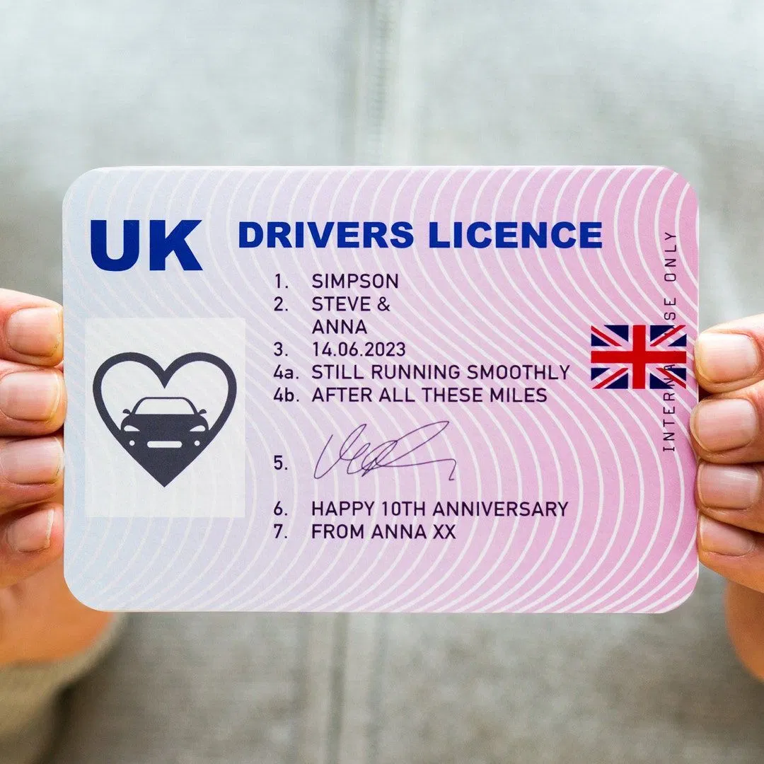 Novelty UK Drivers Licence card used as a fun personalised gift — not an official DVLA licence